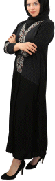Abaya longue noire col en V "Dubai" avec broderies et strasse (echarpe assortie)