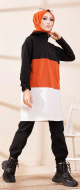 Tunique a capuche tricolore (Vetement decontracte moderne pour femme voilee) - Couleur noir, blanc et rouille