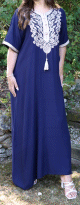 Robe orientale brodee avec perles a manches courtes pour femme - Couleur bleu marine